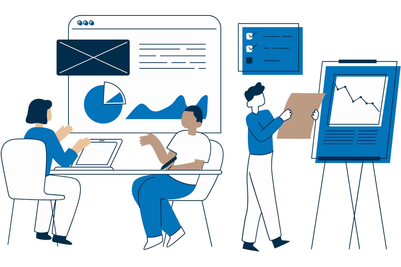 Dos personas conversando con un grafico detras mas una persona analizando una grafica