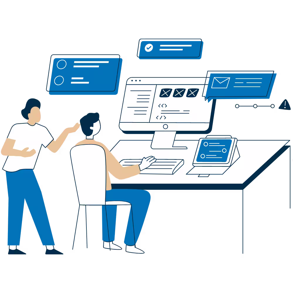 Dos personas observando pantallas flotantes representando casos de uso