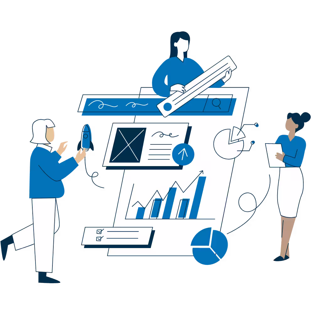 Tres personas construyendo un grafico juntos